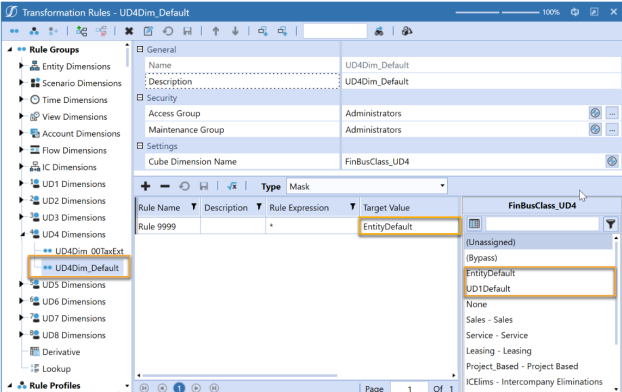 The Transformation Rules screen has a toolbar row on the top with icons and a list of rule groups on the left side of the screen. Each rule group has an arrow to the left that can be expanded. UD4 Dimensions is expanded with UD4Dim_Default selected. The Target Value listed is EntityDefault. The EntityDefault and UD1Default members are highlighted as members used in the UD4 mappings.